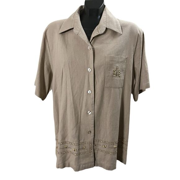 A.K.C. Vintage 1990s Embellished Linen Blend Button-Up Shirt – Beaded - Picture 1 of 10